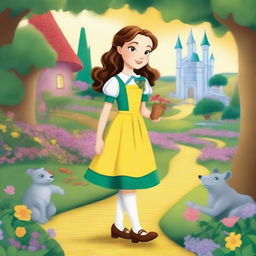 A vibrant and fantastical scene featuring the daughter of Dorothy from the Wizard of Oz, set in a magical land with lush greenery, colorful flowers, and whimsical creatures