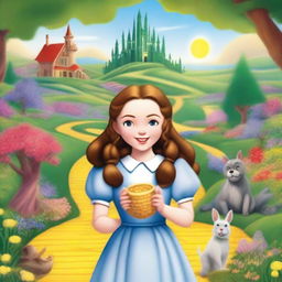 A vibrant and fantastical scene featuring the daughter of Dorothy from the Wizard of Oz, set in a magical land with lush greenery, colorful flowers, and whimsical creatures