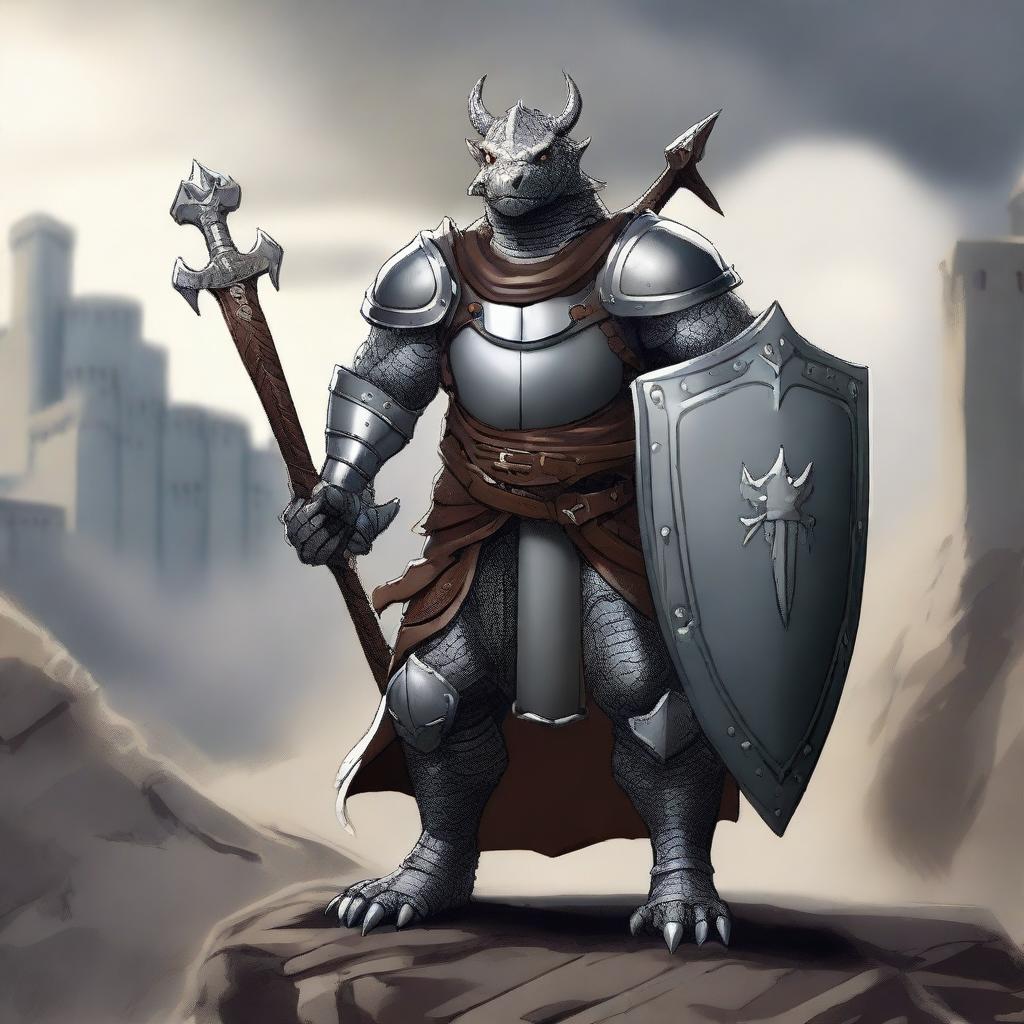 A majestic gray dragonborn paladin standing proudly with a shield and longsword