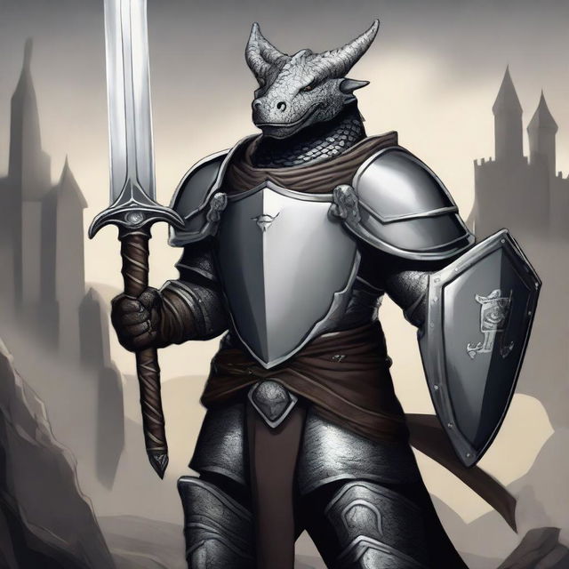 A majestic gray dragonborn paladin standing proudly with a shield and longsword