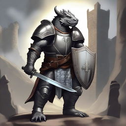 A majestic gray dragonborn paladin standing proudly with a shield and longsword