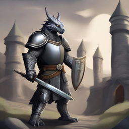 A majestic gray dragonborn paladin standing proudly with a shield and longsword