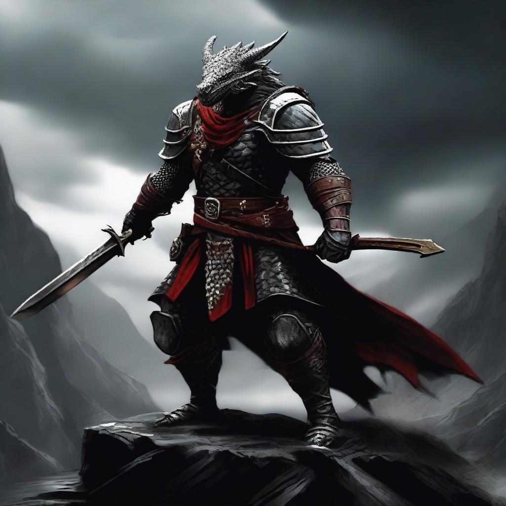 A fierce dark gray dragonborn warrior wielding a longsword