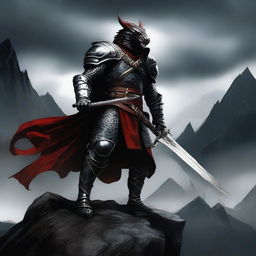 A fierce dark gray dragonborn warrior wielding a longsword