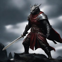 A fierce dark gray dragonborn warrior wielding a longsword