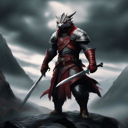 A fierce dark gray dragonborn warrior wielding a longsword