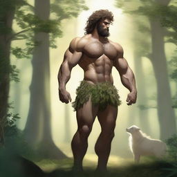 A male centaur with curly hair and a fluffy beard standing in a lush forest