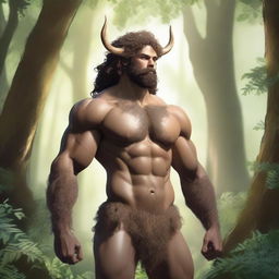 A male centaur with curly hair and a fluffy beard standing in a lush forest