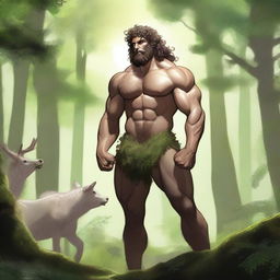 A male centaur with curly hair and a fluffy beard standing in a lush forest