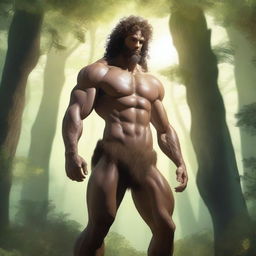 A male centaur with curly hair and a fluffy beard standing in a lush forest