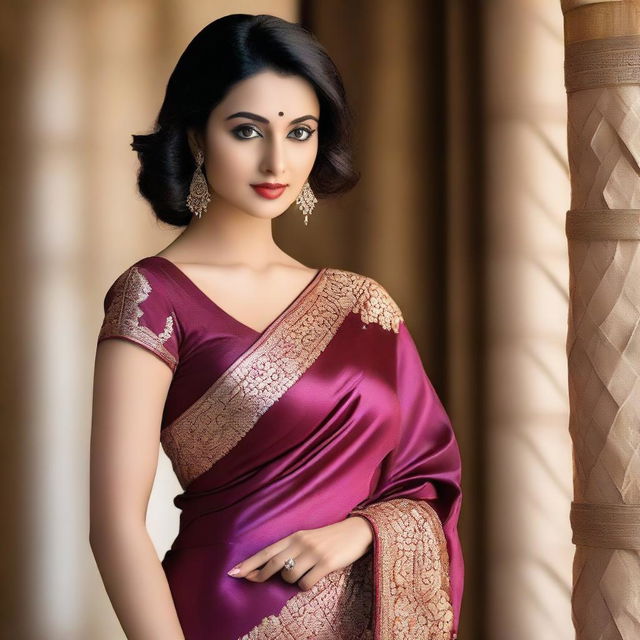 A beautiful woman wearing a satin saree that elegantly drapes over her body, showcasing a sexy and sophisticated look