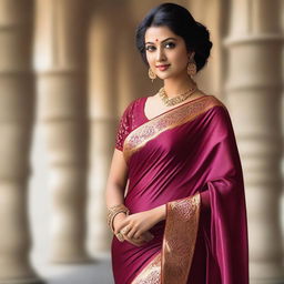 A beautiful woman wearing a satin saree that elegantly drapes over her body, showcasing a sexy and sophisticated look