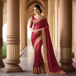 A beautiful woman wearing a satin saree that elegantly drapes over her body, showcasing a sexy and sophisticated look