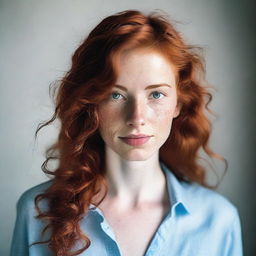 A single girl with wavy red hair, fair skin, light blue eyes, full lips, and a long face