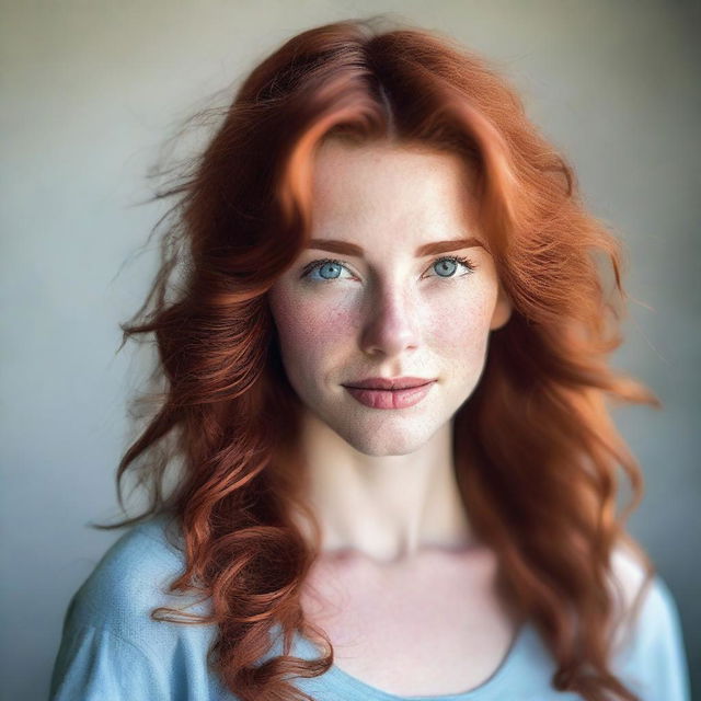 A single girl with wavy red hair, fair skin, light blue eyes, full lips, and a long face