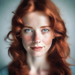 A single girl with wavy red hair, fair skin, light blue eyes, full lips, and a long face