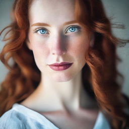 A single girl with wavy red hair, fair skin, light blue eyes, full lips, and a long face