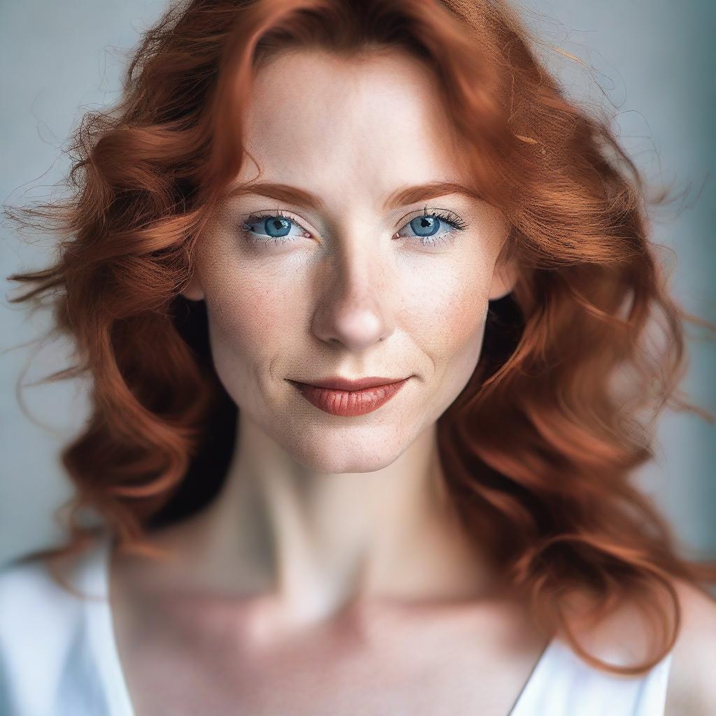 A single, sexy girl with wavy red hair, fair skin, light blue eyes, full lips, and a long face