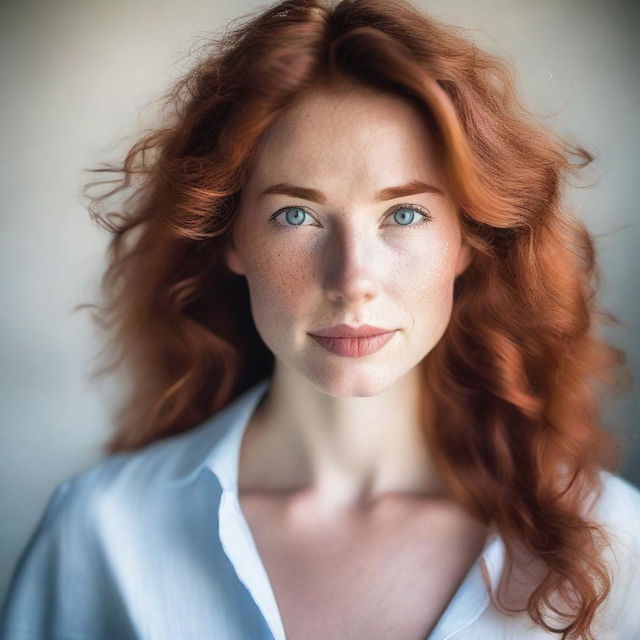 A single, sexy girl with wavy red hair, fair skin, light blue eyes, full lips, and a long face