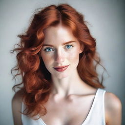 A single, sexy girl with wavy red hair, fair skin, light blue eyes, full lips, and a long face