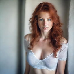 A single, sexy girl with wavy red hair, fair skin, light blue eyes, full lips, and a long face