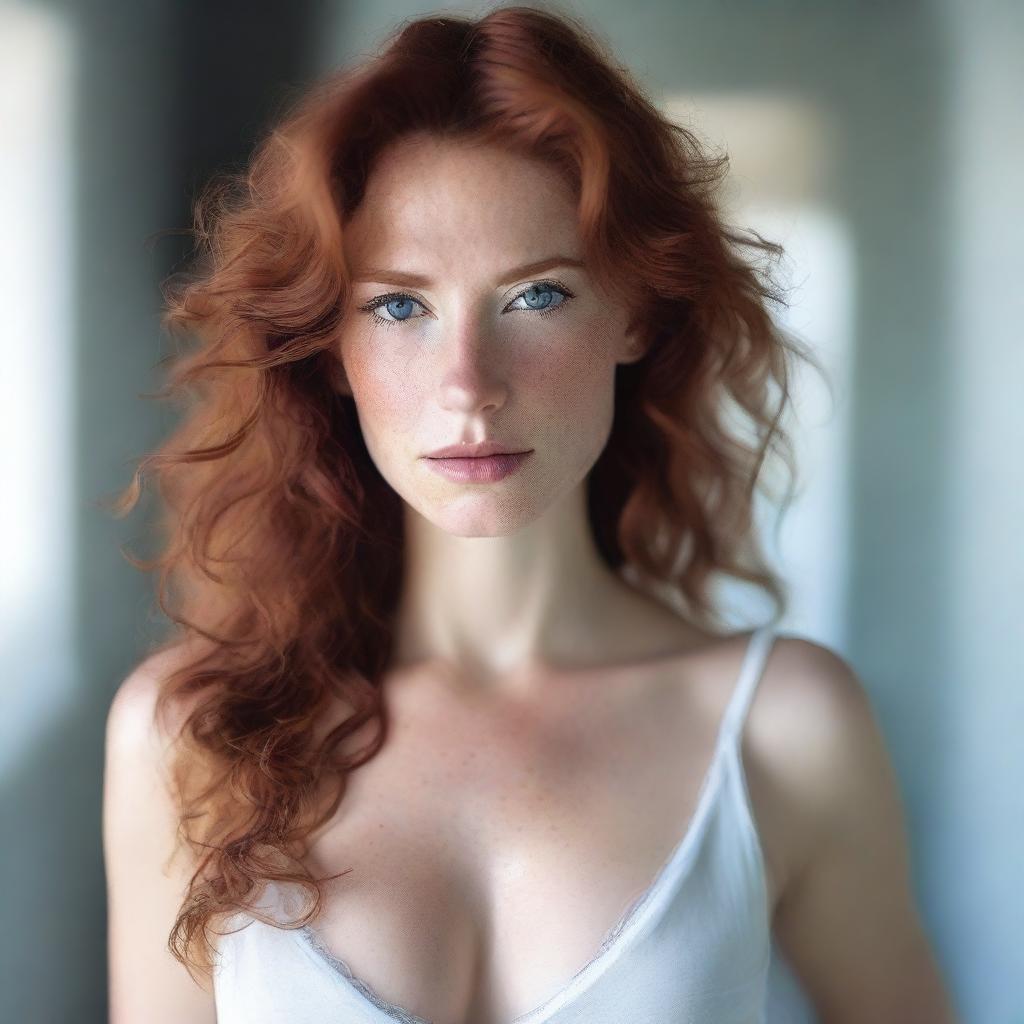 A single, sexy girl with wavy red hair, fair skin, light blue eyes, full lips, and a long face