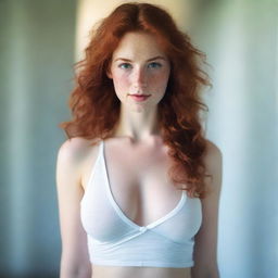 A single, sexy 21-year-old girl with wavy red hair, fair skin, light blue eyes, full lips, and a long face