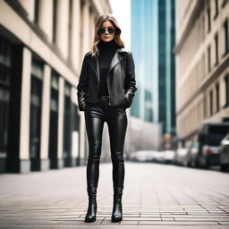 A stylish woman wearing black leather boots