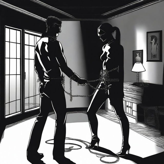 A depiction of a BDSM scene with appropriate attire and accessories