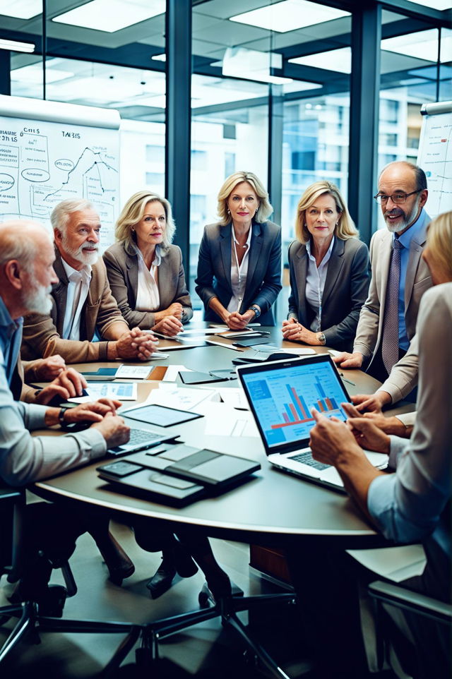 A high-definition professional photograph of a marketing team composed of experienced individuals over 40 years old, dressed in business attire, in a modern office setting, engaged in a productive discussion