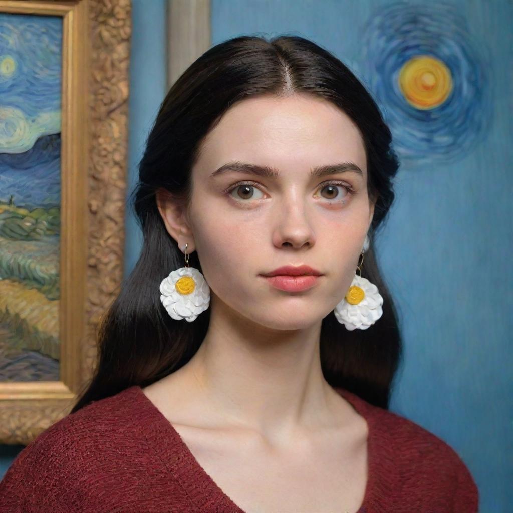 Disney Pixar style image of a 21-year-old slim woman with light brown eyes, shoulder-length black hair, white skin, oversized style, wearing imitation expansion earrings at a Van Gogh art gallery.