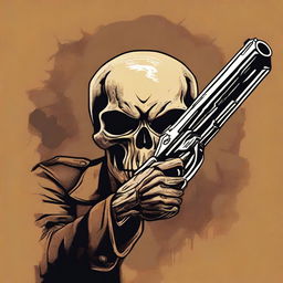 A detailed illustration of a brown skull holding a gun