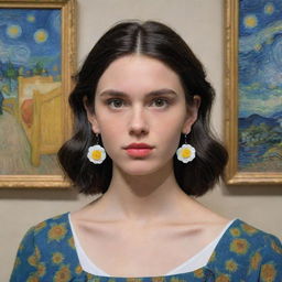 Disney Pixar style image of a 21-year-old slim woman with light brown eyes, shoulder-length black hair, white skin, oversized style, wearing imitation expansion earrings at a Van Gogh art gallery.