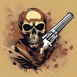 A detailed illustration of a brown skull holding a gun