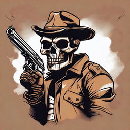 A detailed illustration of a brown skull holding a gun