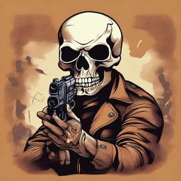 A detailed illustration of a brown skull holding a gun