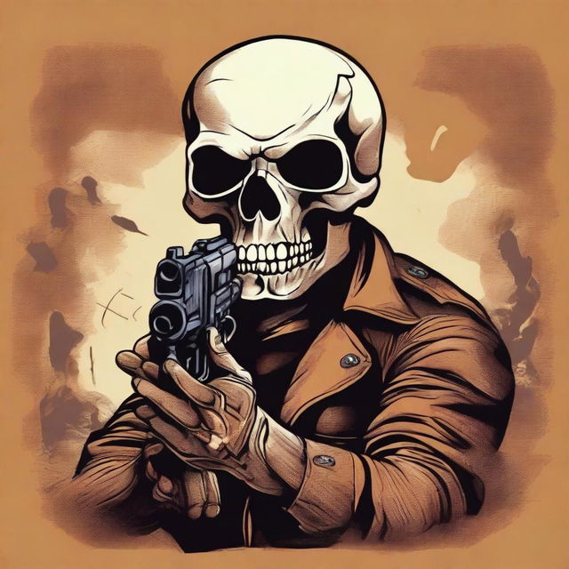 A detailed illustration of a brown skull holding a gun