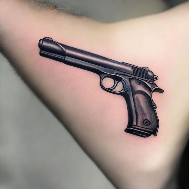 A detailed tattoo design featuring a realistic gun held by a hand