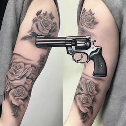 A detailed tattoo design featuring a realistic gun held by a hand