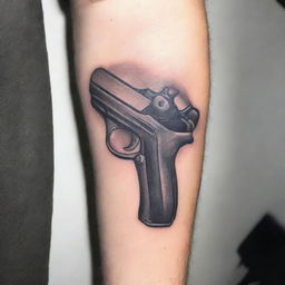 A detailed tattoo design featuring a realistic gun held by a hand