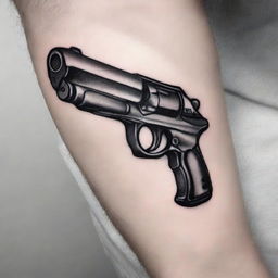 A detailed tattoo design featuring a realistic gun held by a hand