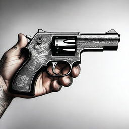 A detailed image featuring a realistic gun held by a hand that has an intricate tattoo on it