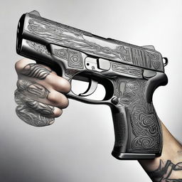 A detailed image featuring a realistic gun held by a hand that has an intricate tattoo on it