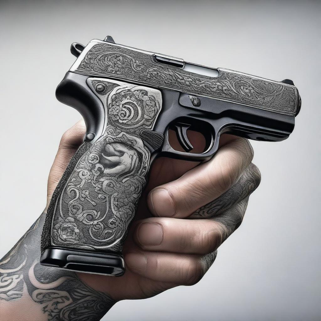 A detailed image featuring a realistic gun held by a hand that has an intricate tattoo on it