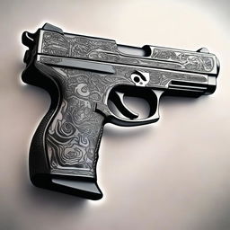 A detailed image featuring a realistic gun held by a hand that has an intricate tattoo on it