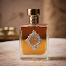 A close-up of a fancy, unopened perfume bottle with Shah Rukh Khan's name embellished on it, set against a luxurious, Bollywood-style background.