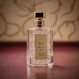 A close-up of a fancy, unopened perfume bottle with Shah Rukh Khan's name embellished on it, set against a luxurious, Bollywood-style background.