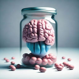 An image of a brain inside a pill jar, with the pills having a texture that resembles a brain