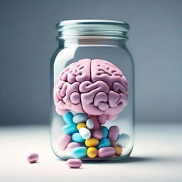 An image of a brain inside a pill jar, with the pills having a texture that resembles a brain