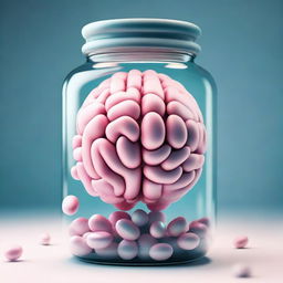 An image of a brain inside a pill jar, with the pills having a texture that resembles a brain